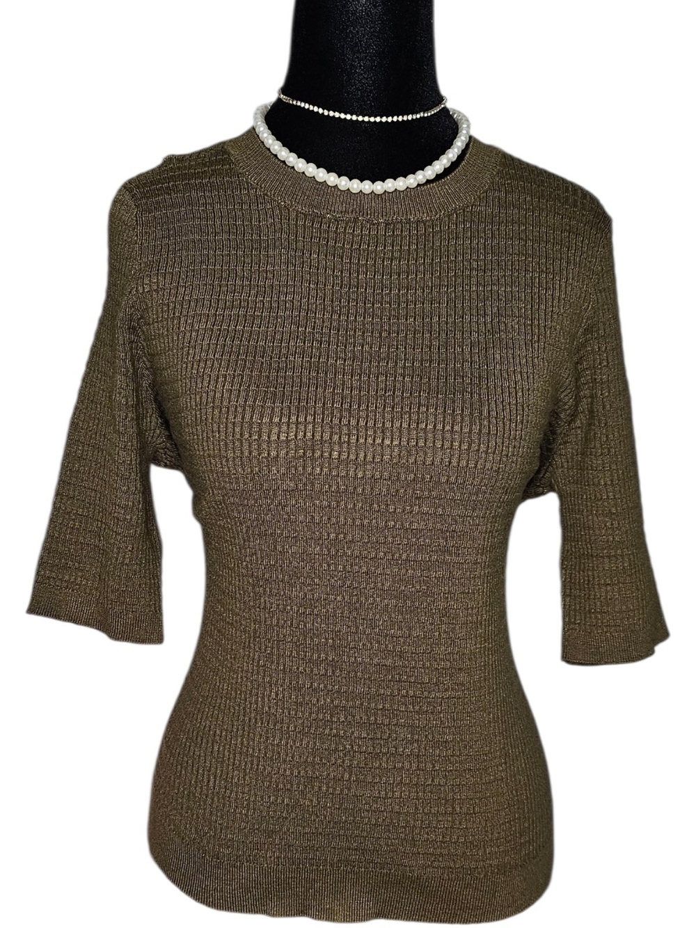 NWT Liz Claiborne Moss Green Ribbed Short Sleeve Knit Top PL​